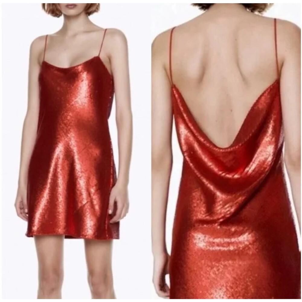 Zara Red Sequin Mini Dress Large Short Party Festive Holiday New Years Christmas